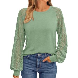 imageAUTOMET Womens Business Casual Dressy Tops Long Sleeve Lace Blouses Fall Fashion Outfits Shirts 2025 Crewneck Loose ClothesGreen