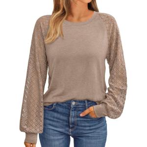 imageAUTOMET Womens Business Casual Dressy Tops Long Sleeve Lace Blouses Fall Fashion Outfits Shirts 2025 Crewneck Loose ClothesKhaki