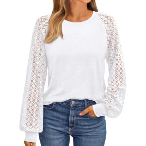 imageAUTOMET Womens Business Casual Dressy Tops Long Sleeve Lace Blouses Fall Fashion Outfits Shirts 2025 Crewneck Loose ClothesWhite