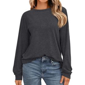 imageAUTOMET Womens Long Sleeve Shirts Fall Solid Color Loose Fit Tunics Tops Oversized Basic Tees Business Casual OutfitsBlack Grey