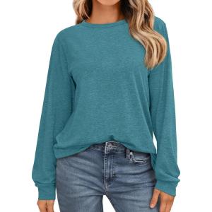 imageAUTOMET Womens Long Sleeve Shirts Fall Solid Color Loose Fit Tunics Tops Oversized Basic Tees Business Casual OutfitsBlue Green