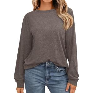 imageAUTOMET Womens Long Sleeve Shirts Fall Solid Color Loose Fit Tunics Tops Oversized Basic Tees Business Casual OutfitsCoffee Gray