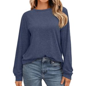 imageAUTOMET Womens Long Sleeve Shirts Fall Solid Color Loose Fit Tunics Tops Oversized Basic Tees Business Casual OutfitsDark Blue