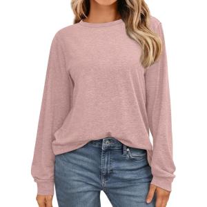 imageAUTOMET Womens Long Sleeve Shirts Fall Solid Color Loose Fit Tunics Tops Oversized Basic Tees Business Casual OutfitsPink