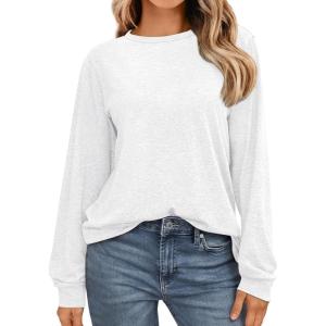 imageAUTOMET Womens Long Sleeve Shirts Fall Solid Color Loose Fit Tunics Tops Oversized Basic Tees Business Casual OutfitsWhite